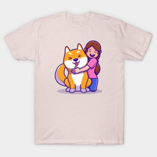 Cute Girl With Shiba Inu Dog Cartoon T-Shirt